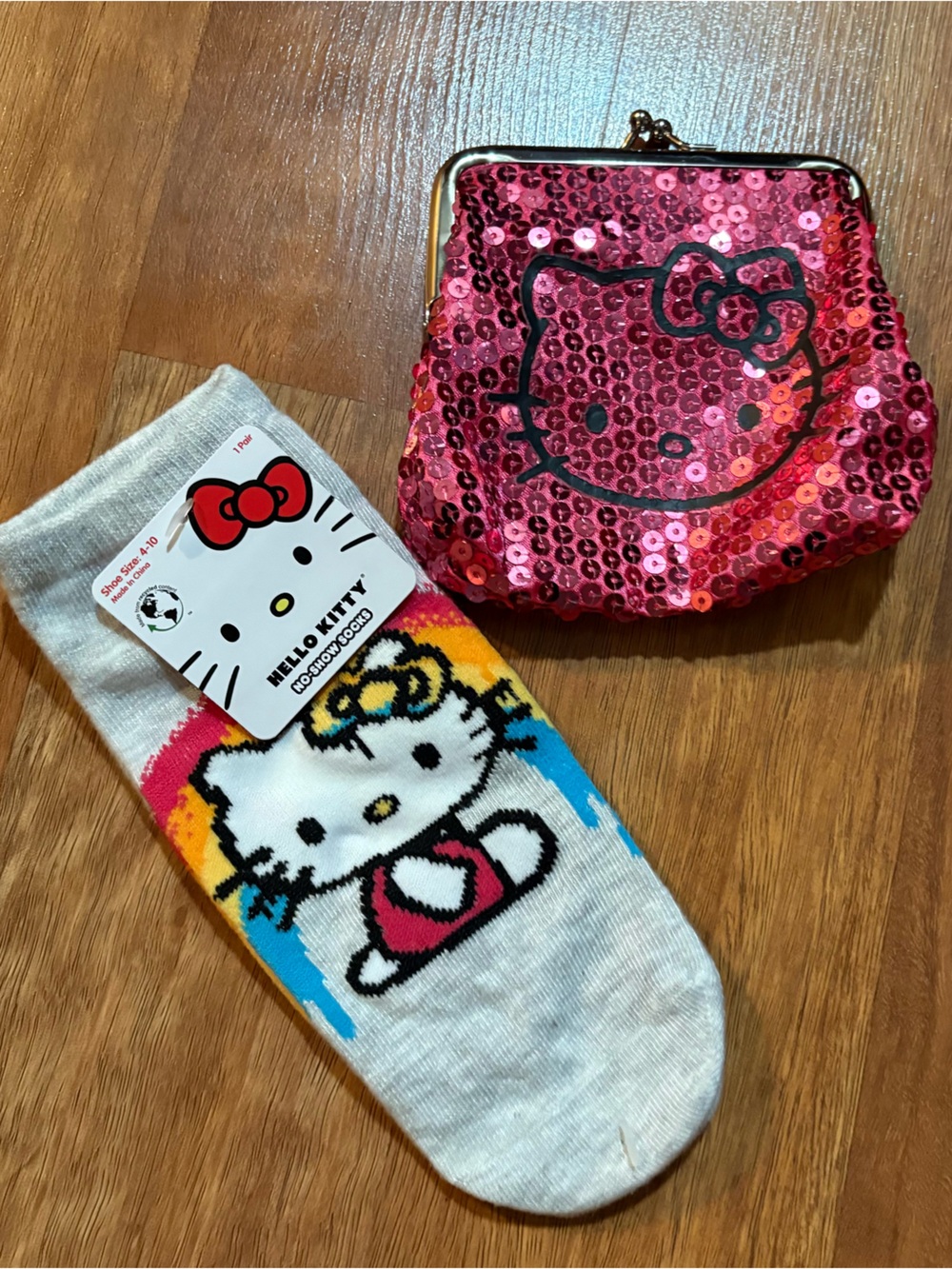 Hello Kitty Pink Sequin Coin Purse with Hello Kitty Socks